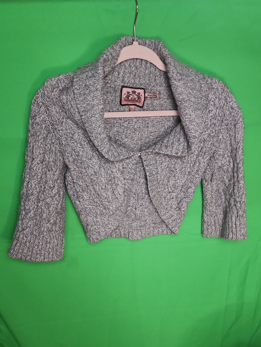 VTG Juicy Couture Y2K Gray Cable Knit Cropped Cardigan Shrug RN 92918 Small